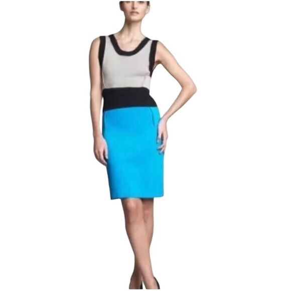 Yigal Azrouel Colorblock Knit Sweater Bodycon Dress Blue/ Tan Size L bandage - Picture 1 of 9